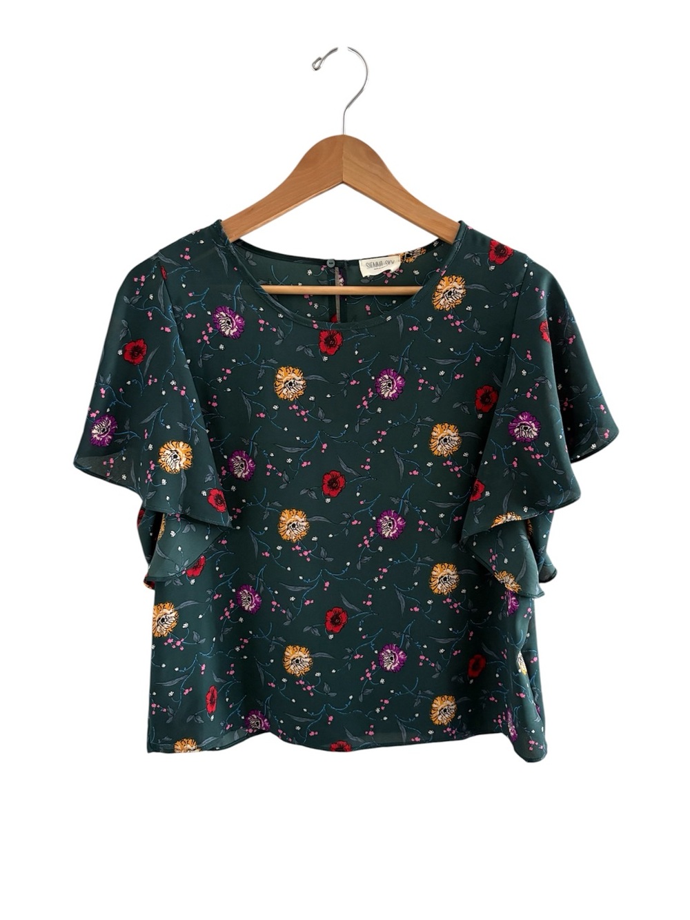 Sienna Sky Dark Green Floral Ruffle Sleeve Blouse